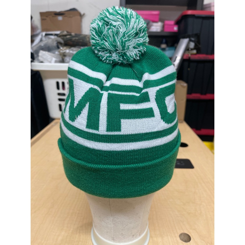 MFC Green White Knit Beanie Hat with Pom Pom Cuffed Winter Cap